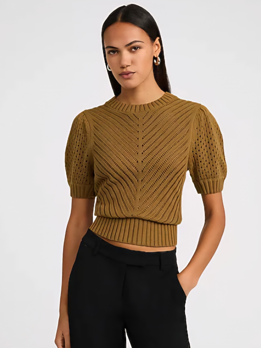 Express Cotton Open Stitch Crew Neck Short Sleeve Sweater